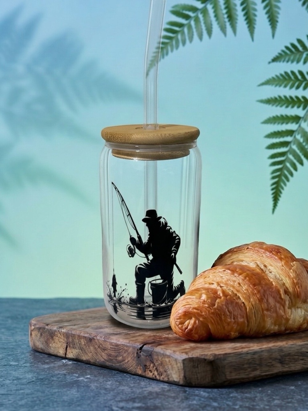 Fisherman Glass Tumbler with Wood Lid and Glass Straw